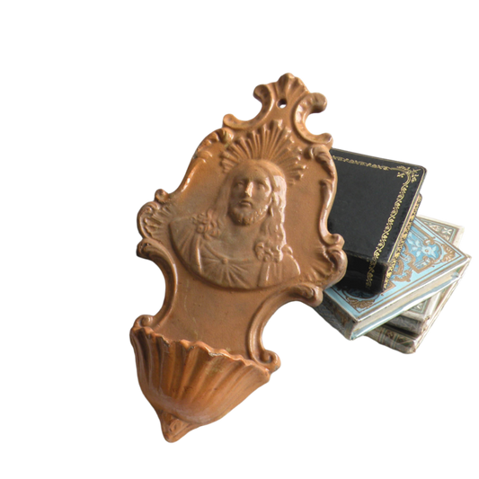 French antique glazed stoneware Holy Water font/stoup with Jesus Christ in relief.
