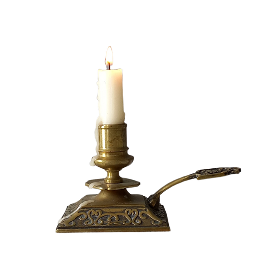 Decorative brass chamber stick for candle, small antique candle holder