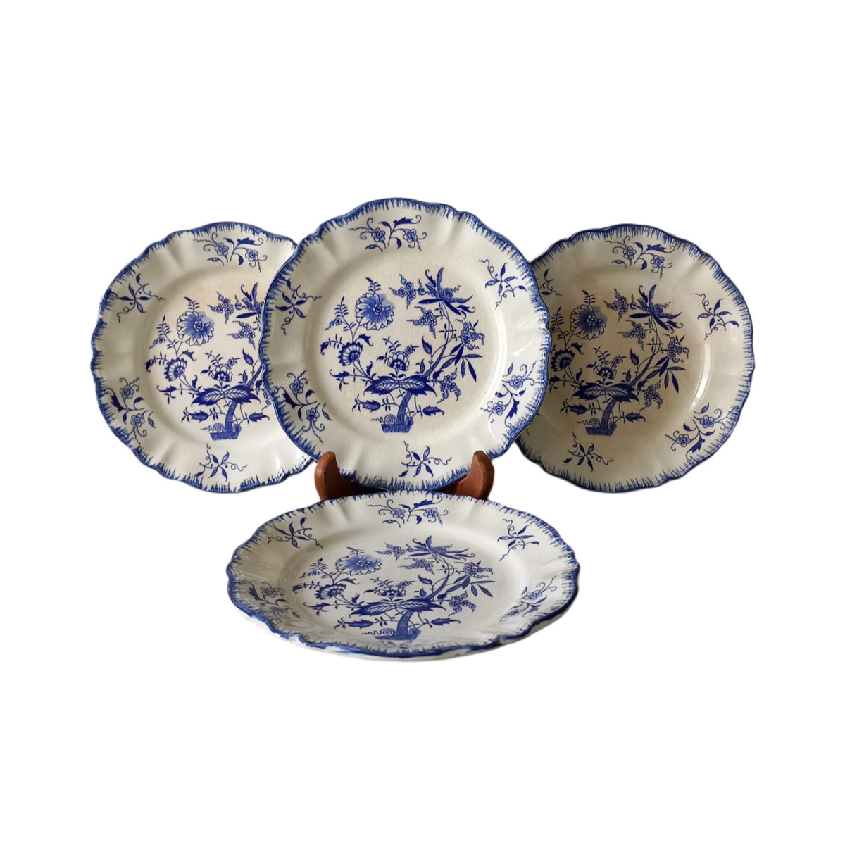 Antique Ironstone White Plates with Blue Floral Patterns