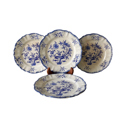 Antique Ironstone White Plates with Blue Floral Patterns