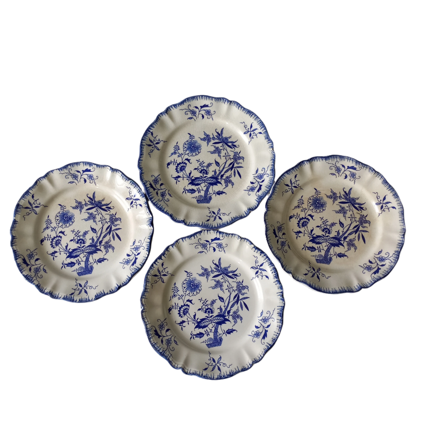 Antique Ironstone White Plates with Blue Floral Patterns