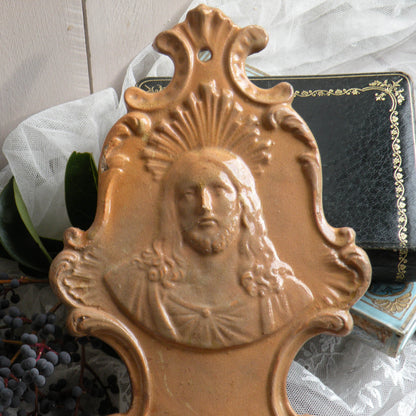 French antique glazed stoneware Holy Water font/stoup with Jesus Christ in relief.
