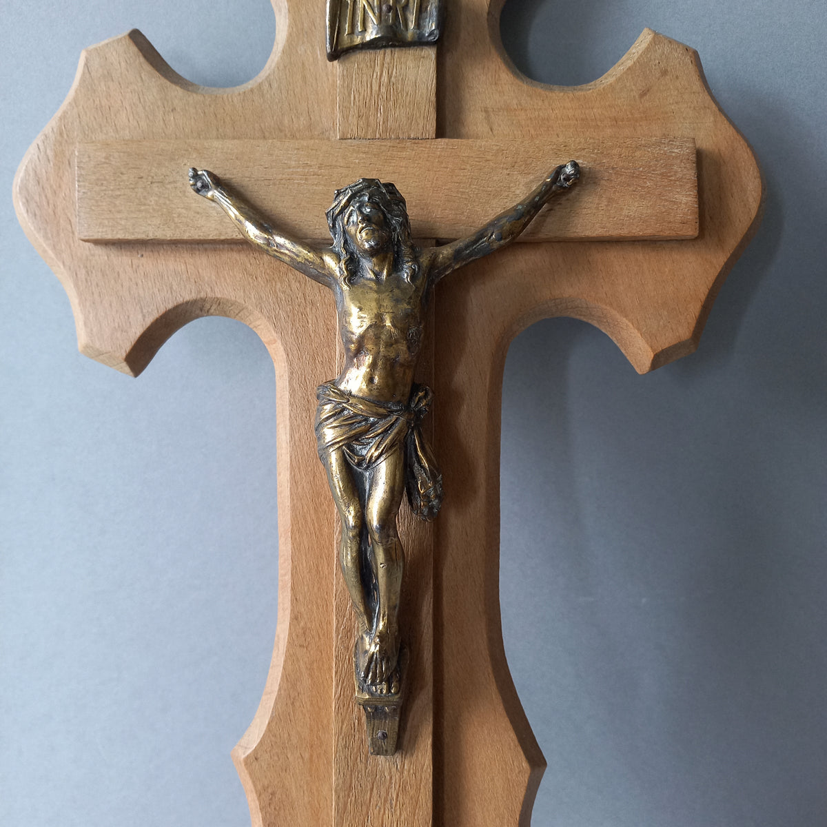 A large and beautiful vintage crucifix with a brass Jesus Christ sculpture and holy water font. 
