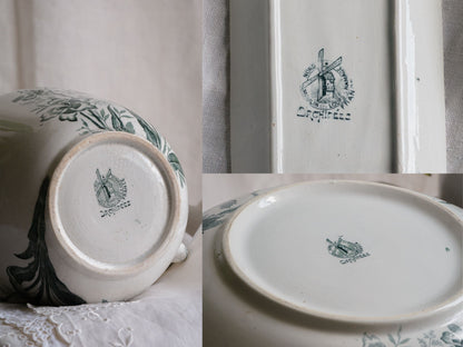 A French antique ironstone jug, basin and soap dish, printed in a soft teal-green bird-and-floral pattern. 