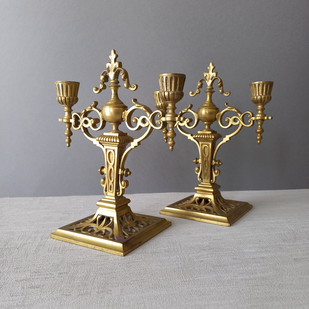 Pair of French Antique Brass Candle Holders, Decorative Candelabras