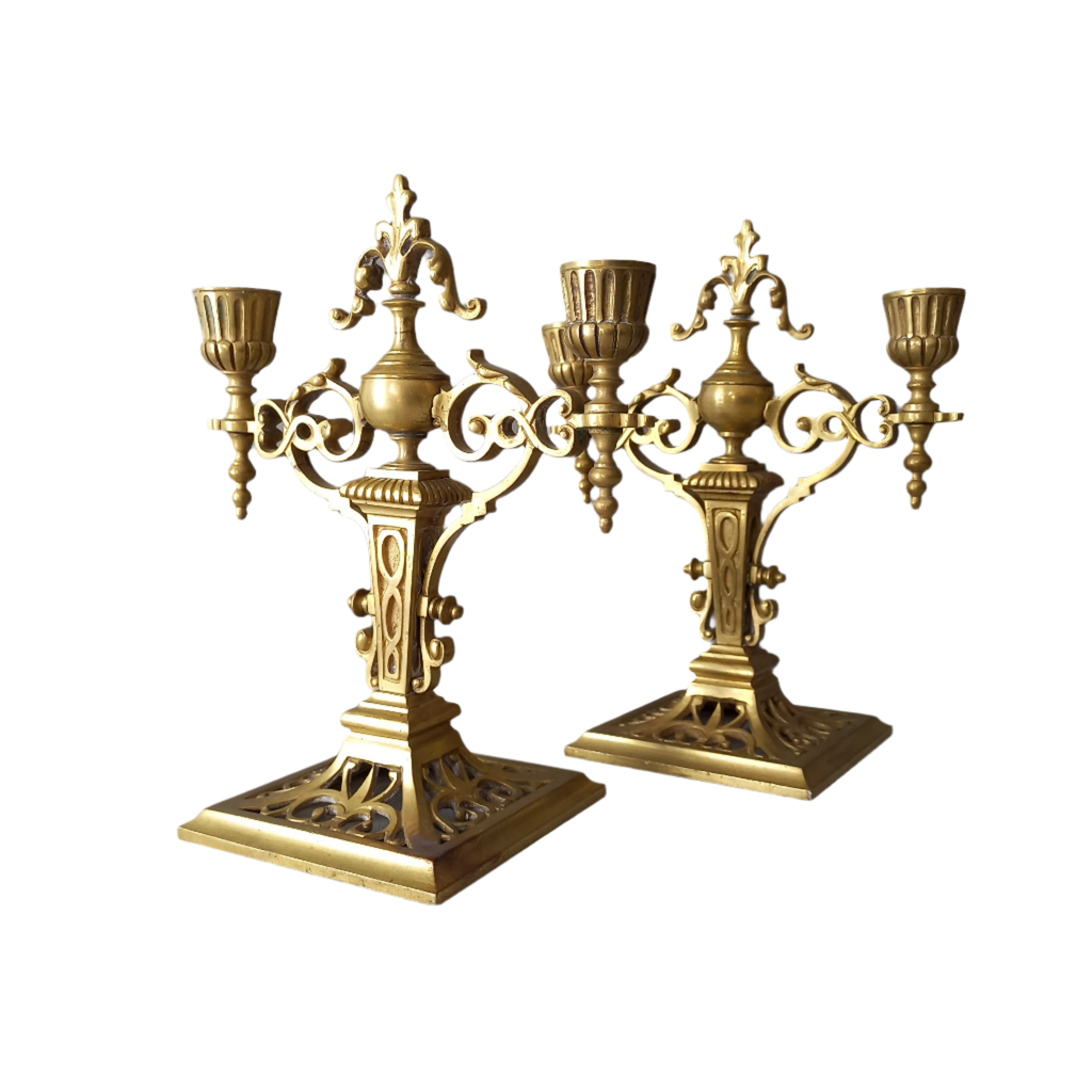 Pair of French Antique Brass Candle Holders, Decorative Candelabras