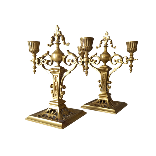 Pair of French Antique Brass Candle Holders, Decorative Candelabras