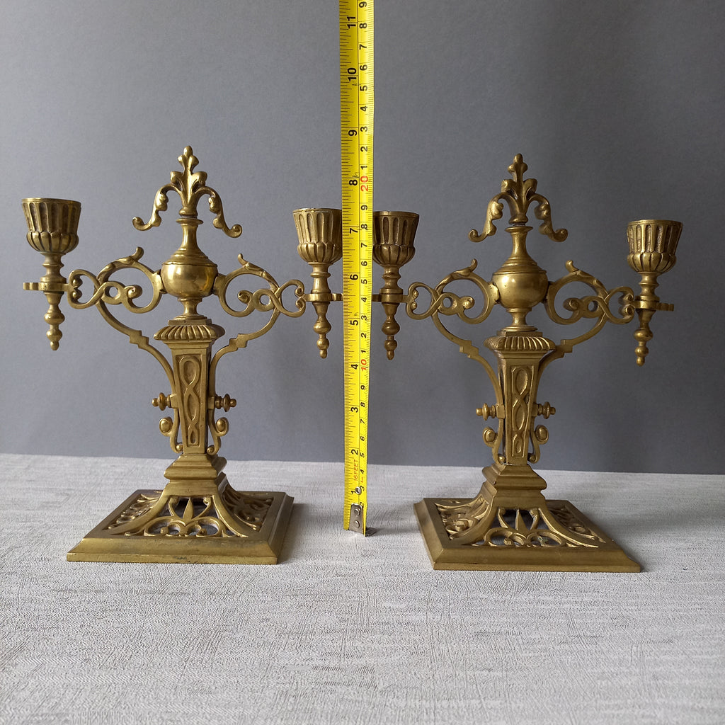 Pair of French Antique Brass Candle Holders, Decorative Candelabras