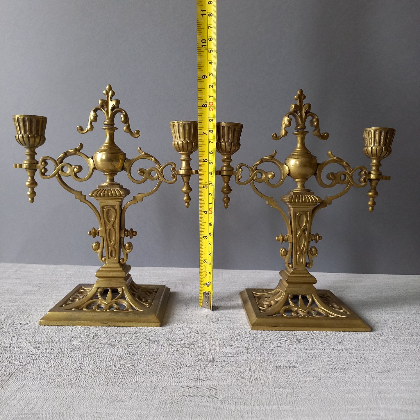 Pair of French Antique Brass Candle Holders, Decorative Candelabras