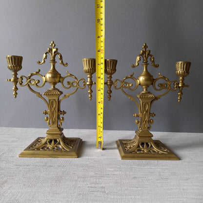 Pair of French Antique Brass Candle Holders, Decorative Candelabras