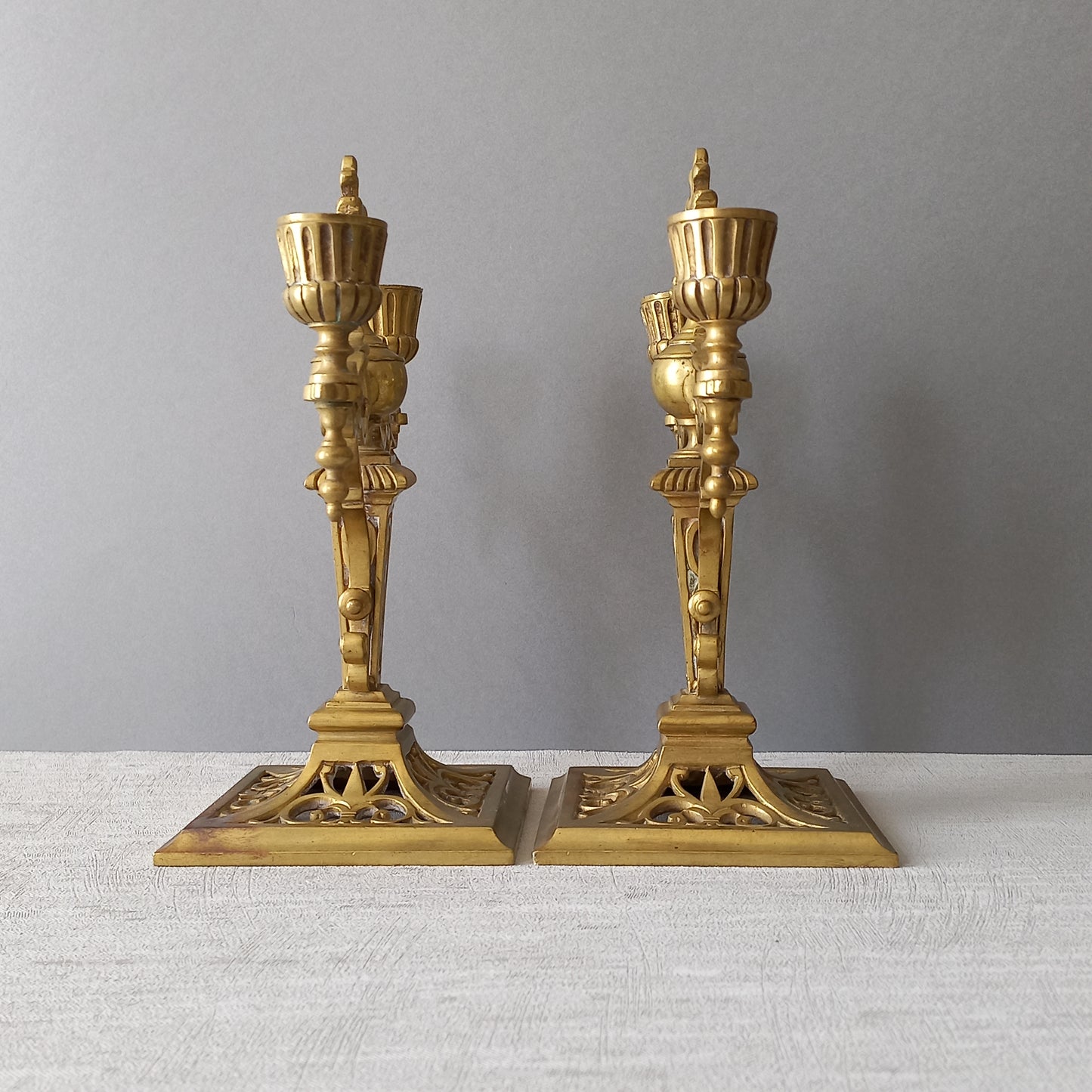 Pair of French Antique Brass Candle Holders, Decorative Candelabras