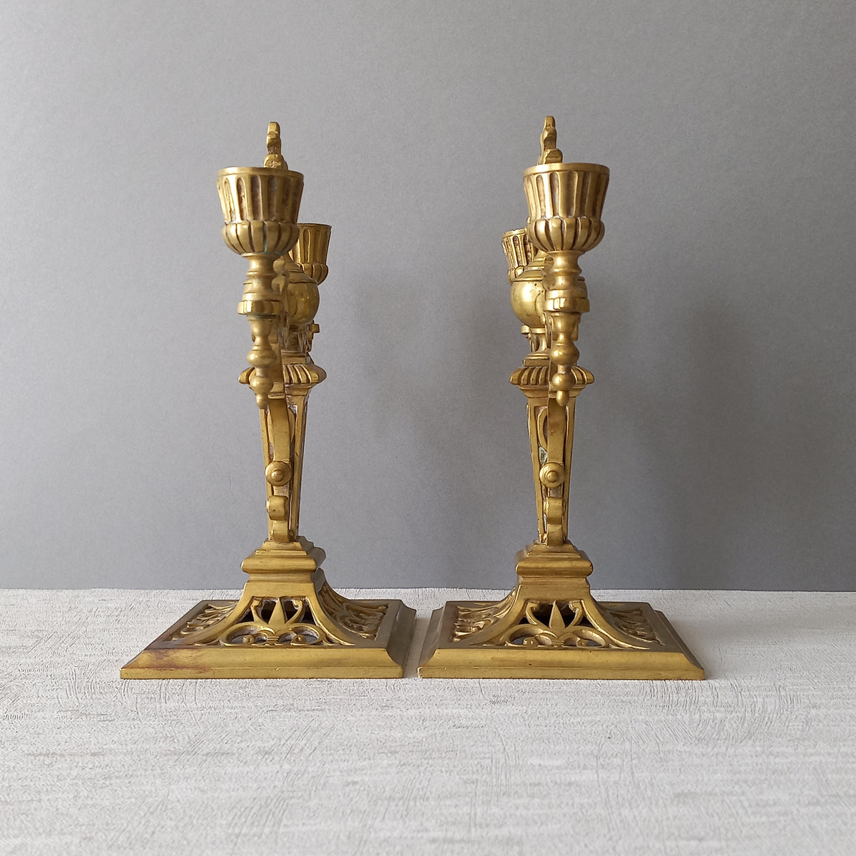 Pair of French Antique Brass Candle Holders, Decorative Candelabras