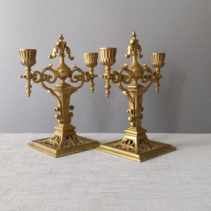 Pair of French Antique Brass Candle Holders, Decorative Candelabras