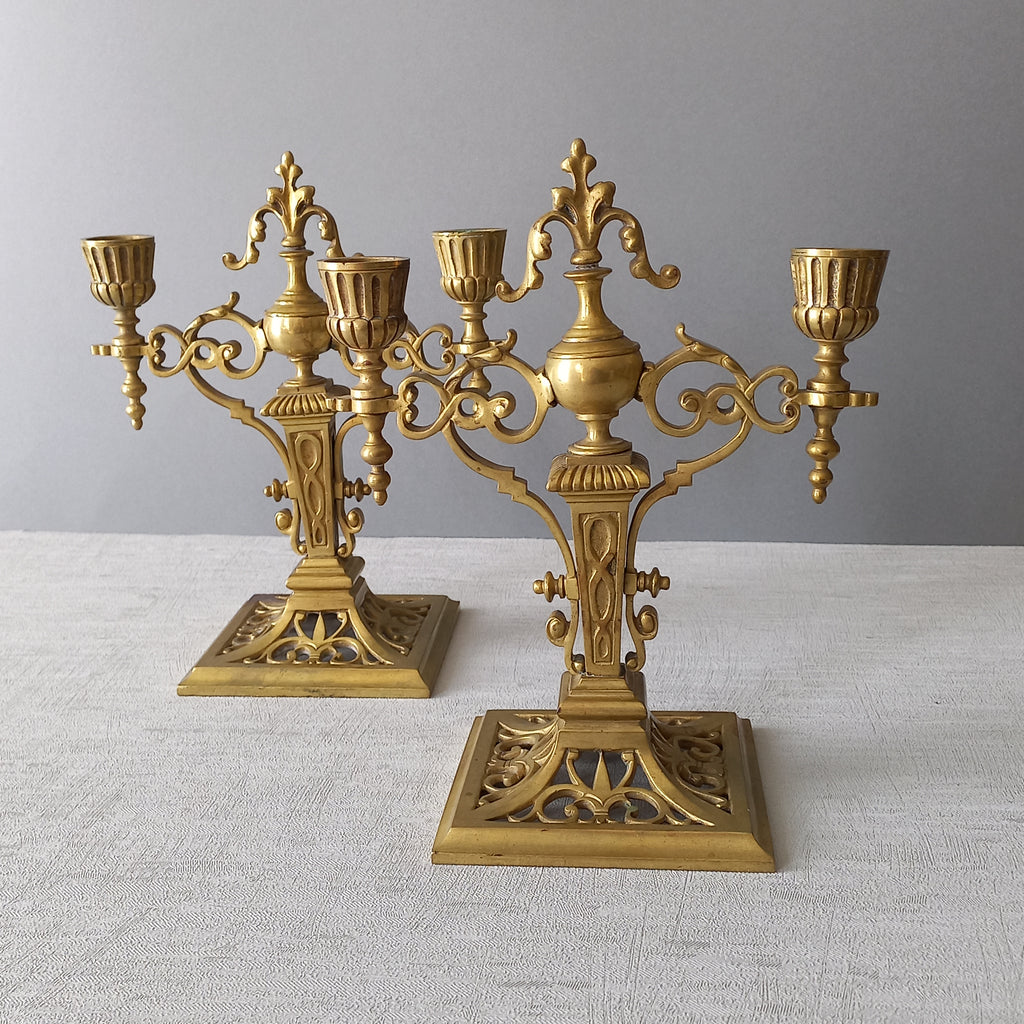 Pair of French Antique Brass Candle Holders, Decorative Candelabras