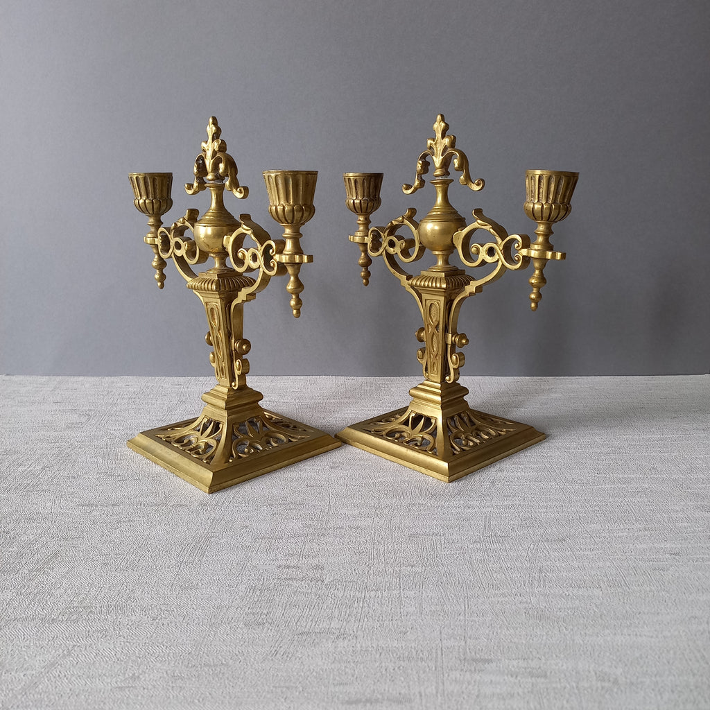 Pair of French Antique Brass Candle Holders, Decorative Candelabras