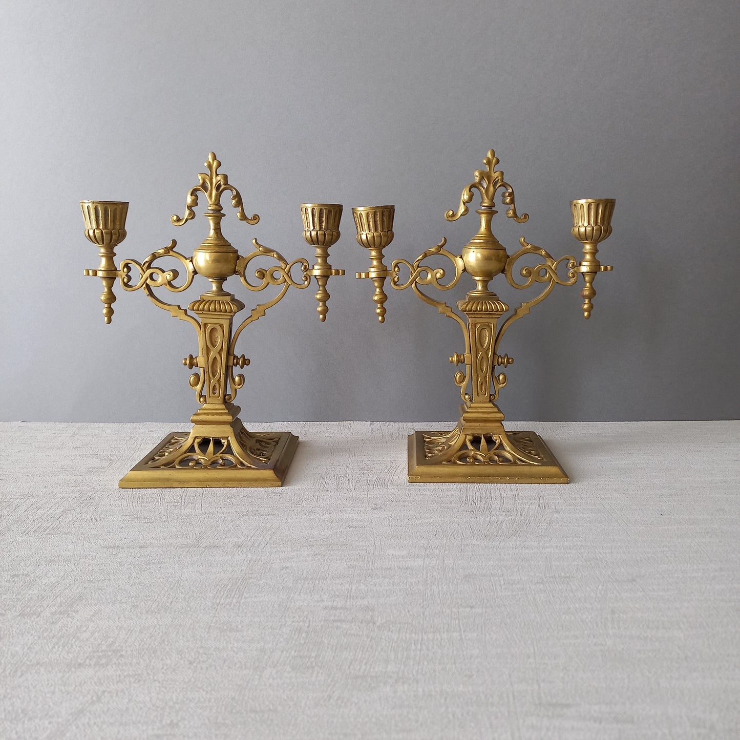 Pair of French Antique Brass Candle Holders, Decorative Candelabras