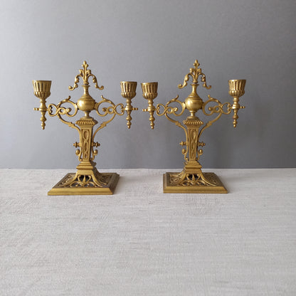 Pair of French Antique Brass Candle Holders, Decorative Candelabras