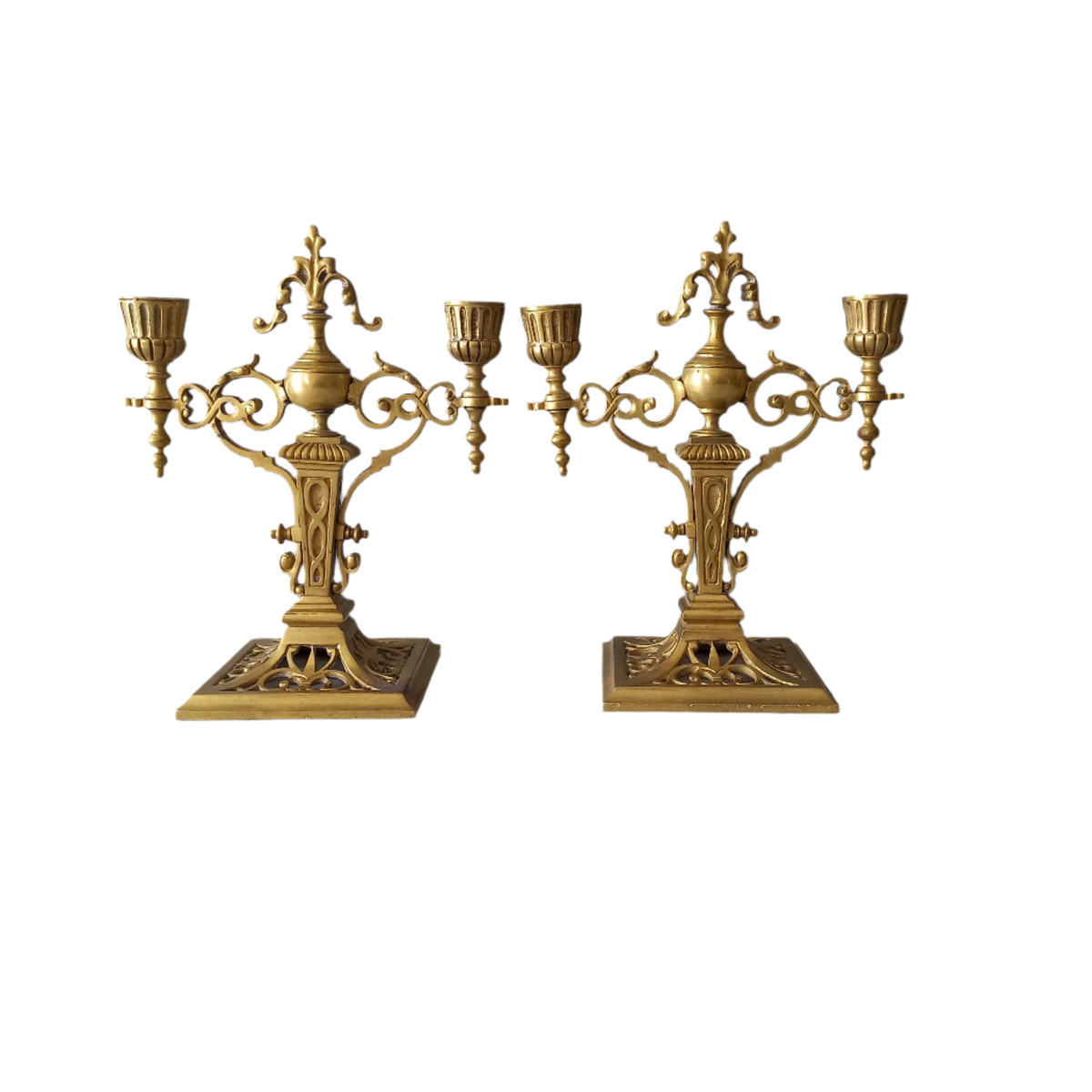 Pair of French Antique Brass Candle Holders, Decorative Candelabras