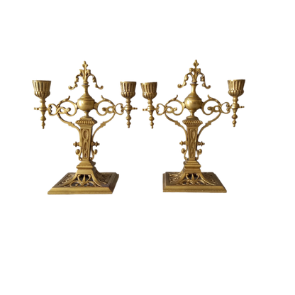 Pair of French Antique Brass Candle Holders, Decorative Candelabras