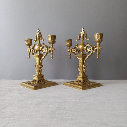 Pair of French Antique Brass Candle Holders, Decorative Candelabras