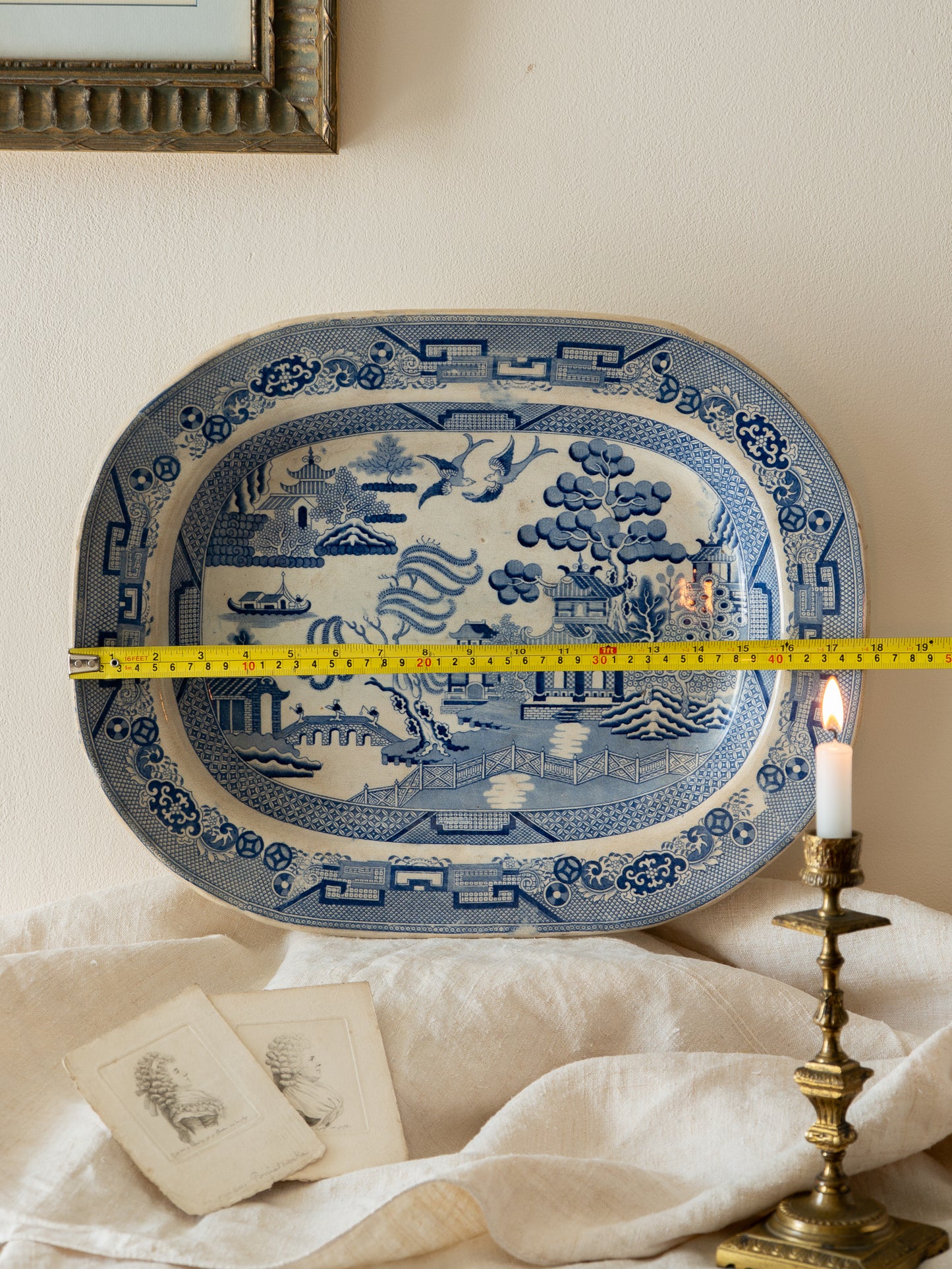 A very large and rare English antique serving willow-ware meat platter dish which dates from the Victorian period onward. This heavy platter is most likely stoneware/ironstone due to its weight. This plate is really an impressive piece that will be perfect decor for any collection.