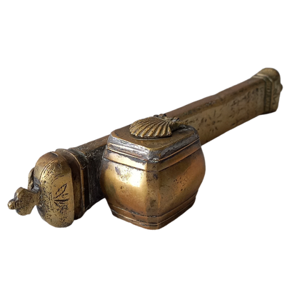 Antique brass inkwell and quill case, French traveling inkwell and quill storage