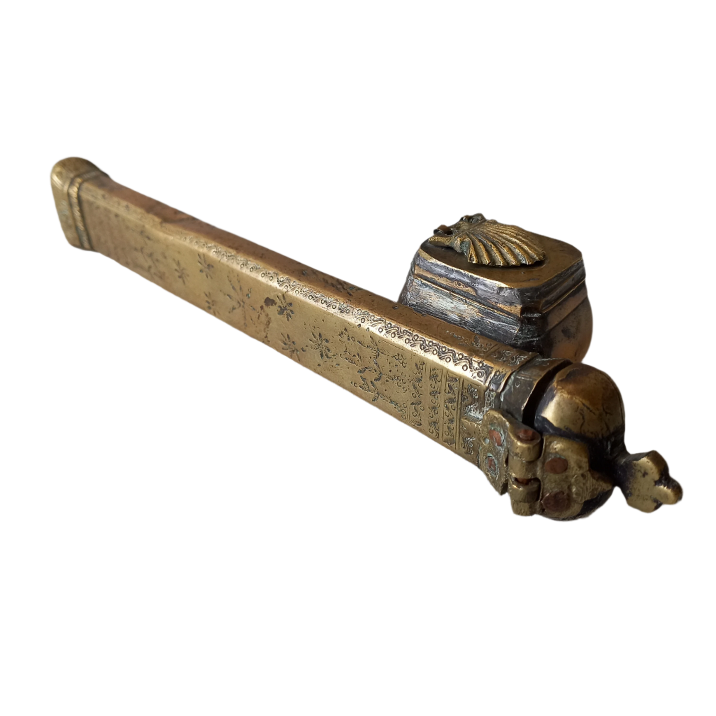 Antique brass inkwell and quill case, French traveling inkwell and quill storage