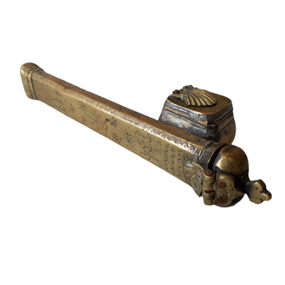 Antique brass inkwell and quill case, French traveling inkwell and quill storage