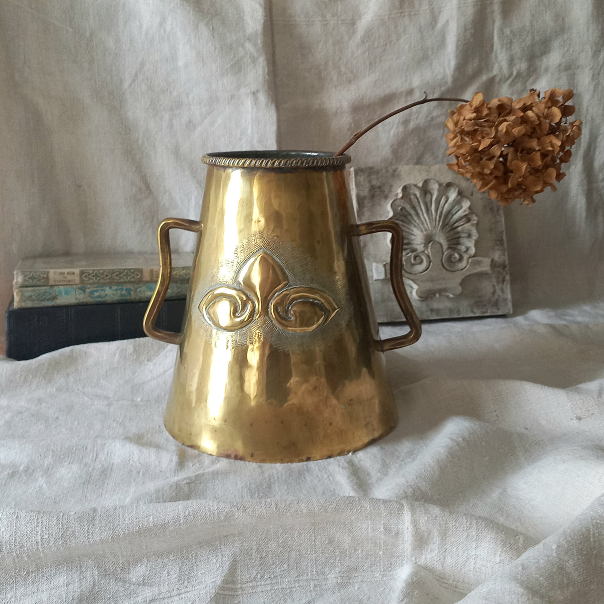 Antique Decorative Brass Vase with Handles, Vintage Brass-Ware