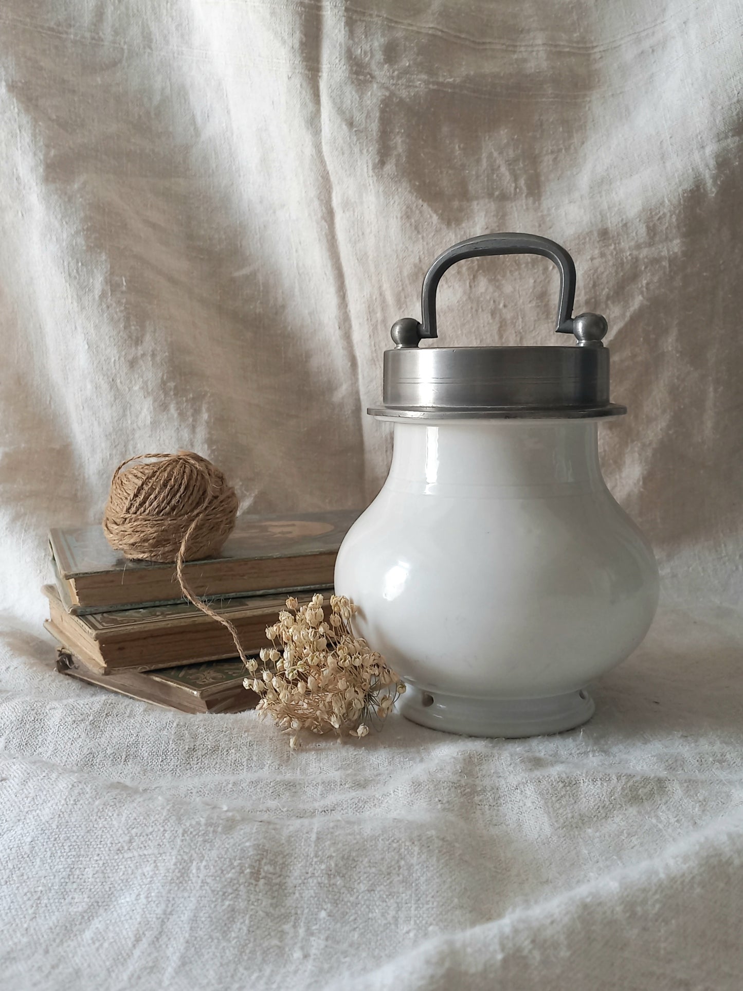 French Antique White Porcelain Broth Pot with Pewter Lid