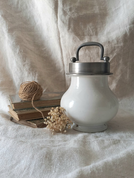 French Antique White Porcelain Broth Pot with Pewter Lid