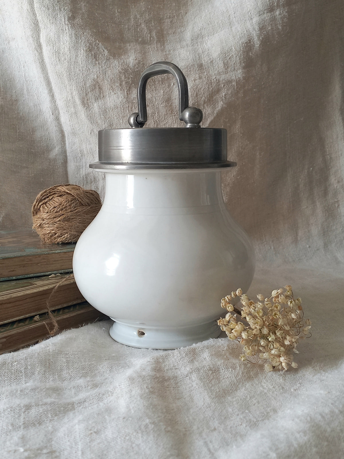 French Antique White Porcelain Broth Pot with Pewter Lid