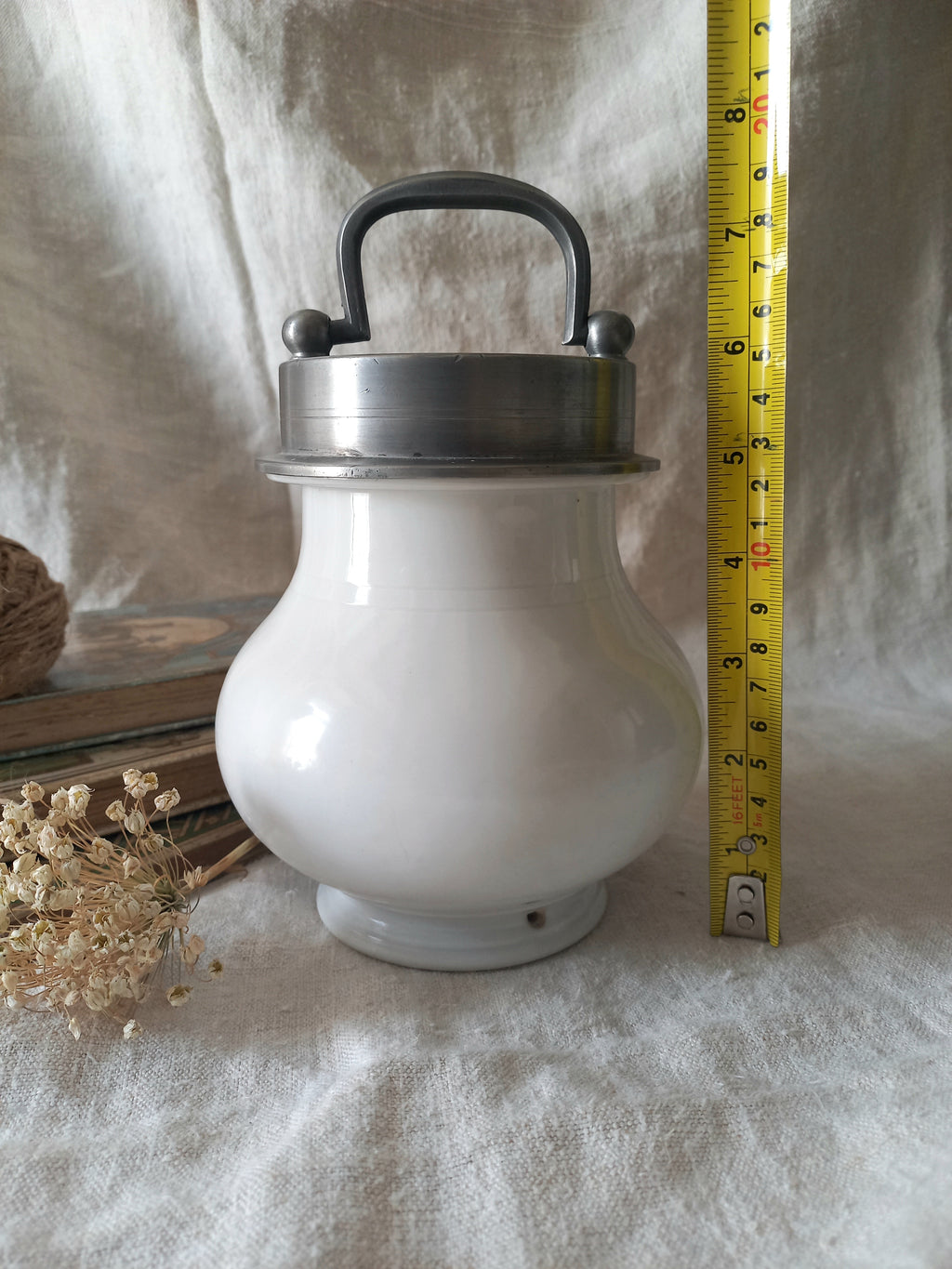 French Antique White Porcelain Broth Pot with Pewter Lid