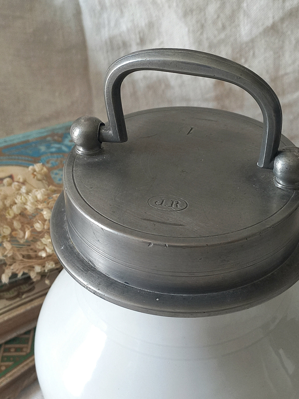 French Antique White Porcelain Broth Pot with Pewter Lid