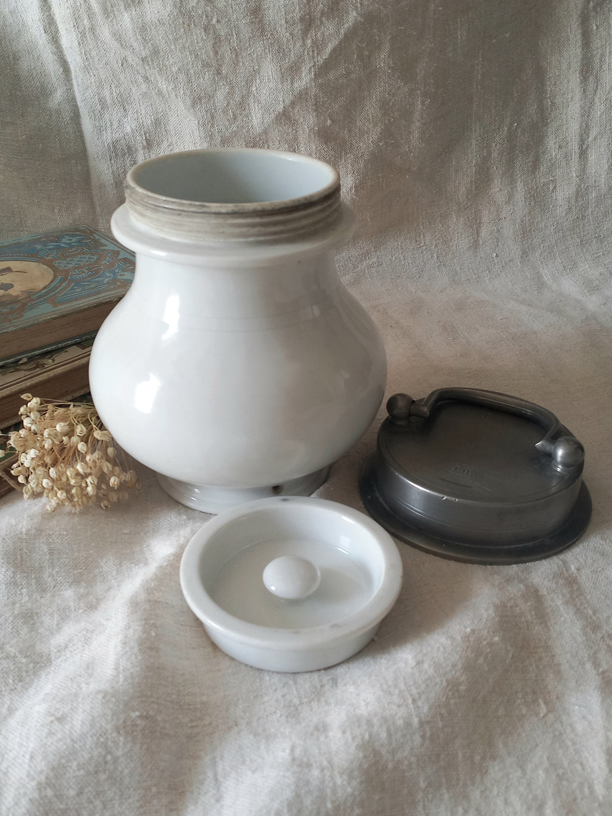 French Antique White Porcelain Broth Pot with Pewter Lid