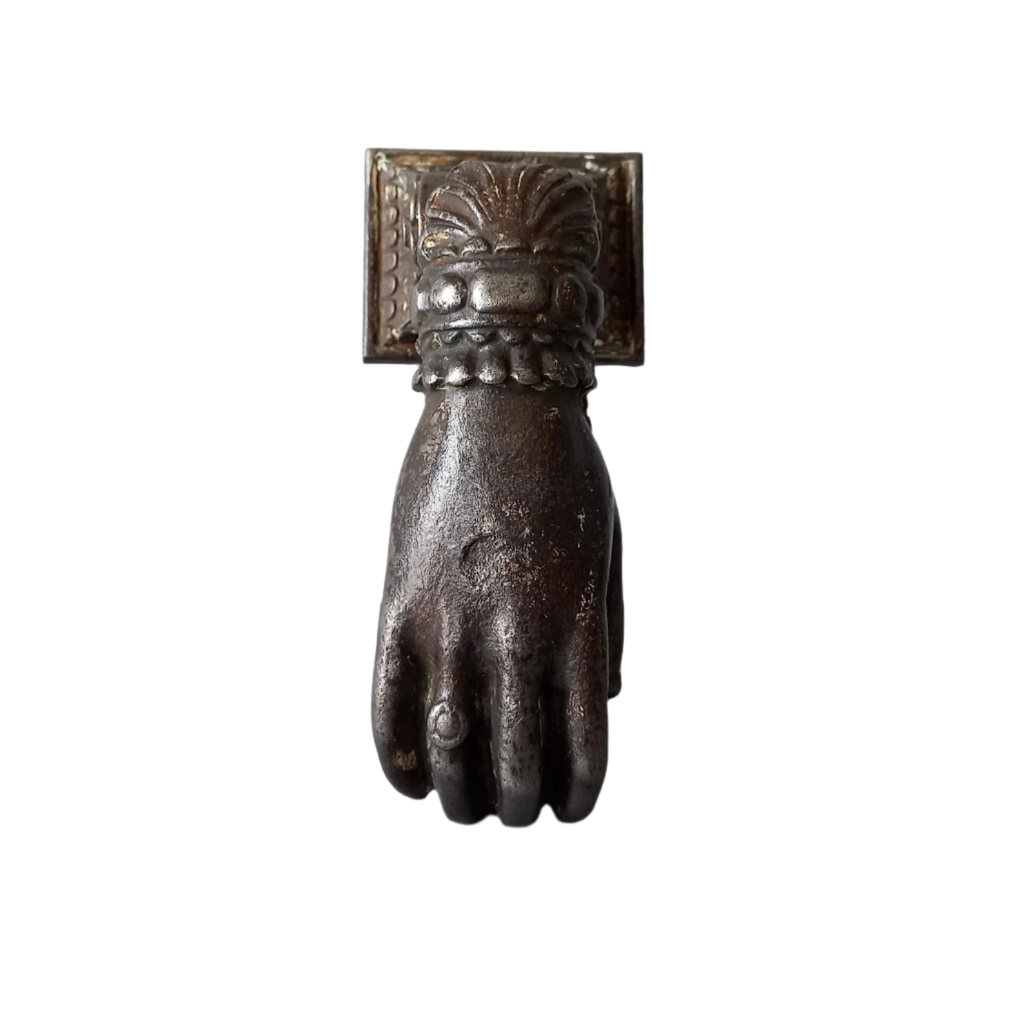 French antique door knocker made from cast iron, female hand door knocker