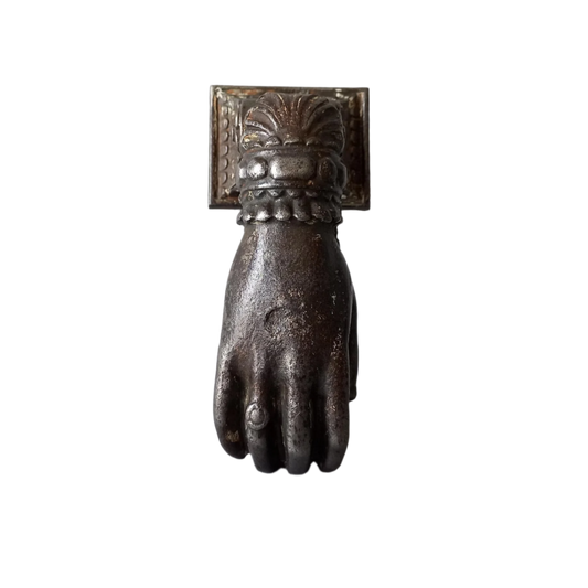 French antique door knocker made from cast iron, female hand door knocker