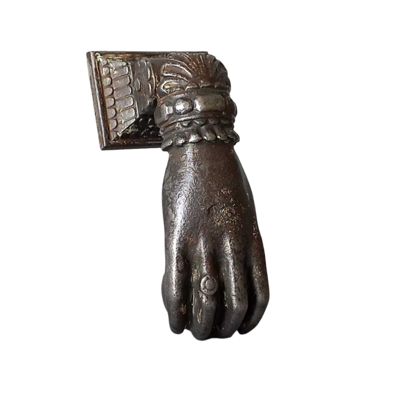 French antique door knocker made from cast iron, female hand door knocker