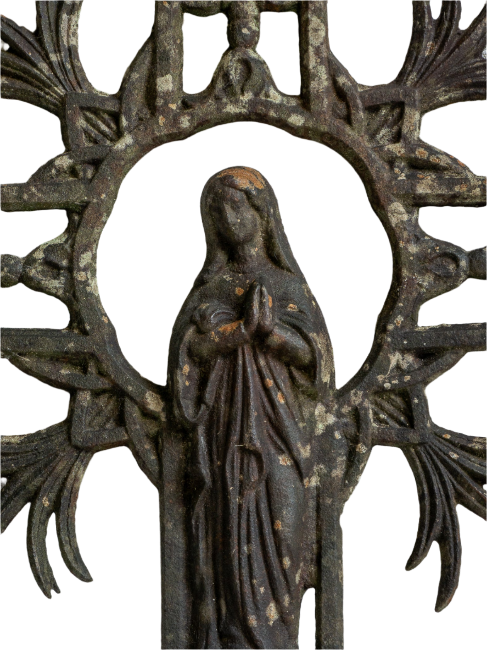 A large French antique crucifix in cast or wrought iron, featuring a figure of the Madonna at its center. Likely once part of a larger architectural structure, this rare piece carries visible signs of age and long exposure to the elements.