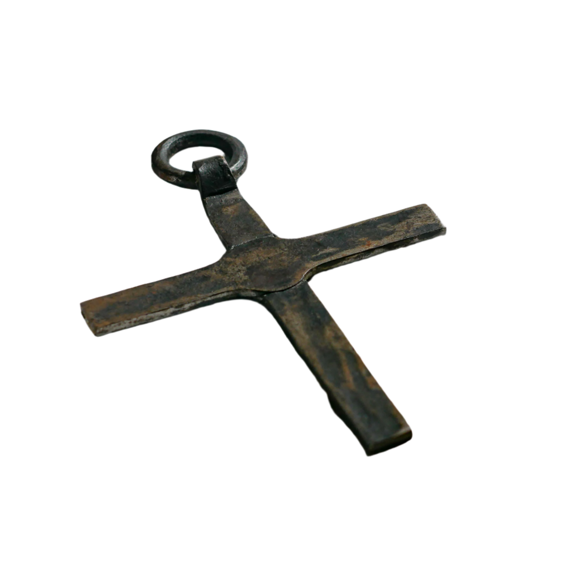 An interesting French antique artisan made Crucifix made from iron and painted black. On one side the metal has worn away in places giving this piece a pleasing patina of age. There's a hanging loop so it's ready to hang in your home.

We guesstimate this piece to be over 100 years old.
