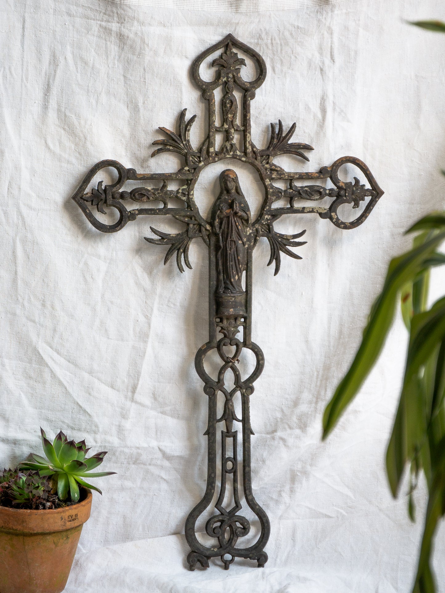 LARGE French Antique Wrought Iron Crucifix With Madonna Figurine