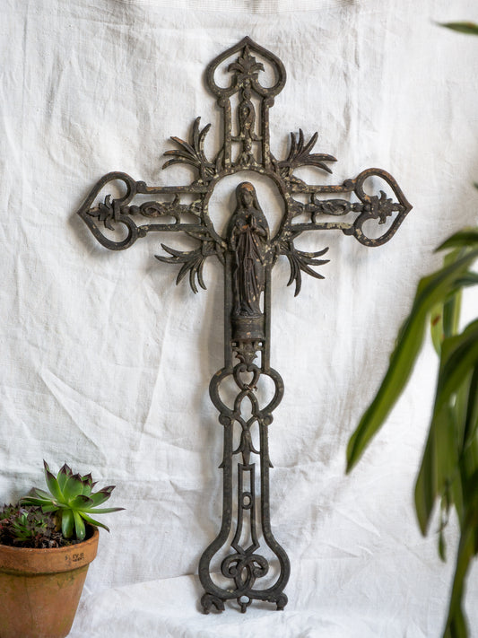 LARGE French Antique Wrought Iron Crucifix With Madonna Figurine
