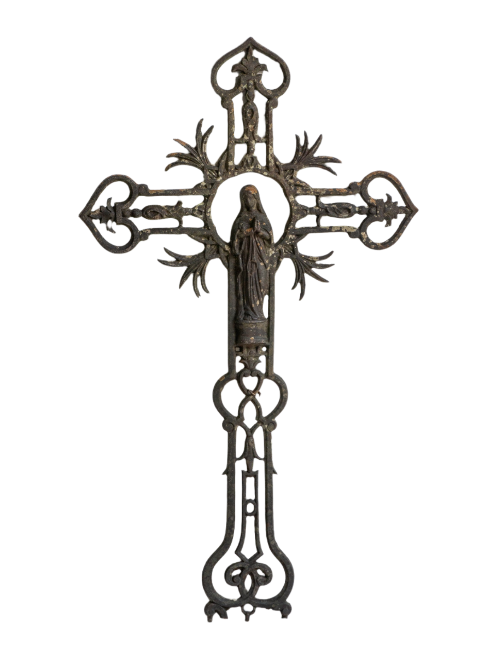 A large French antique crucifix in cast or wrought iron, featuring a figure of the Madonna at its center. Likely once part of a larger architectural structure, this rare piece carries visible signs of age and long exposure to the elements.