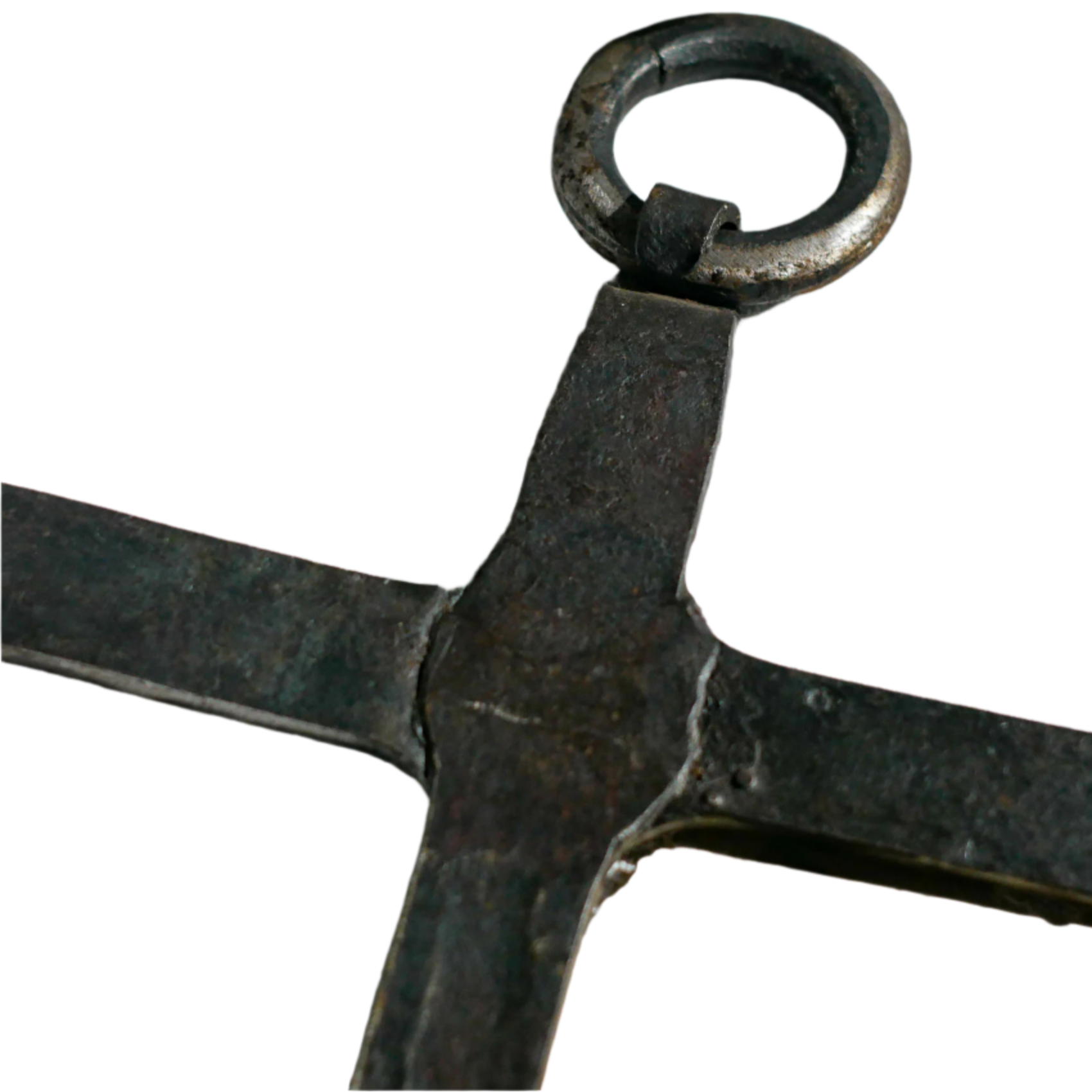 An interesting French antique artisan made Crucifix made from iron and painted black. On one side the metal has worn away in places giving this piece a pleasing patina of age. There's a hanging loop so it's ready to hang in your home.

We guesstimate this piece to be over 100 years old.