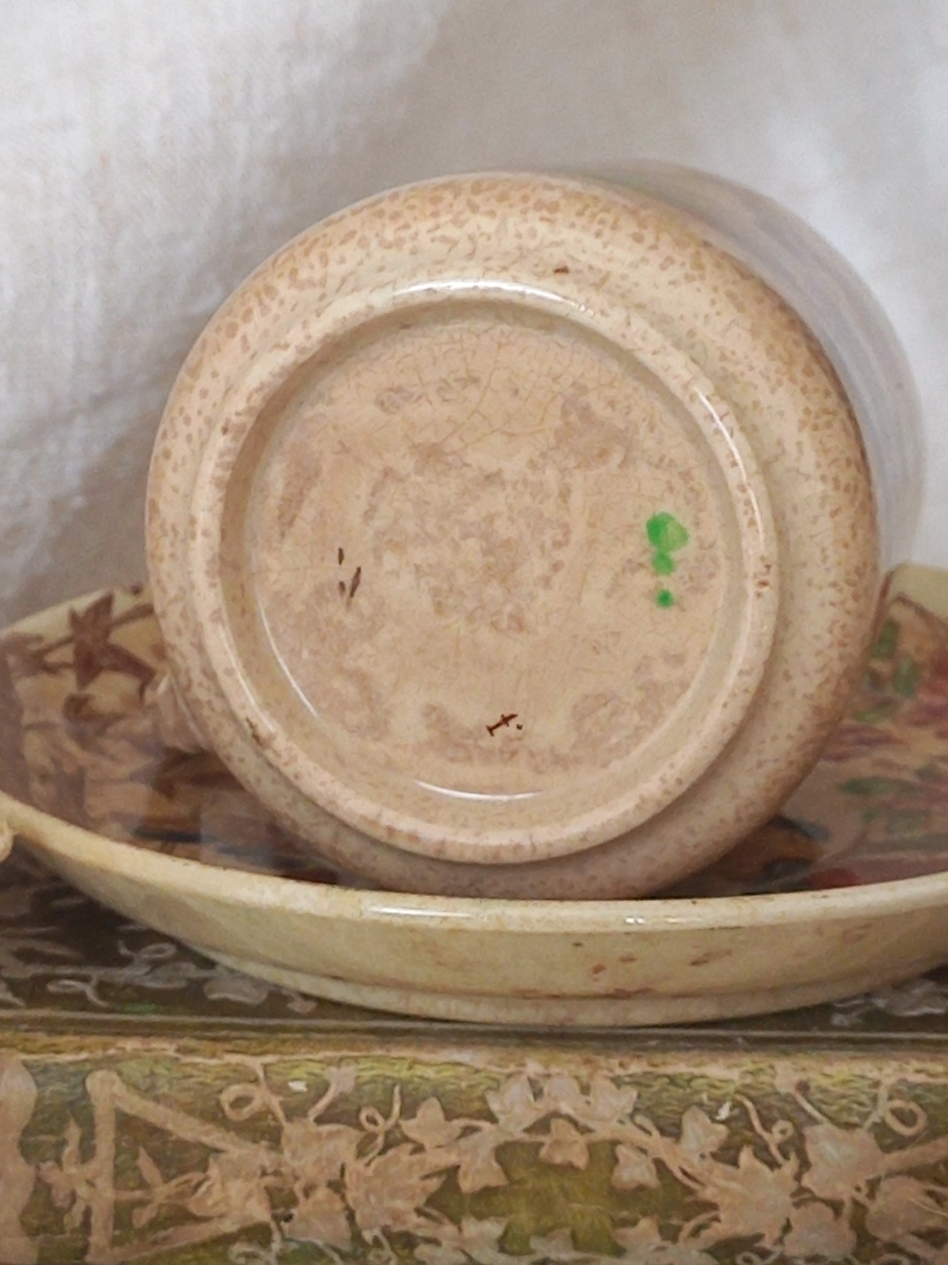 A little antique cup and saucer with oriental influenced design depicting ducks, butterflies, flowers and bamboo shoots, placed on an antique books display.