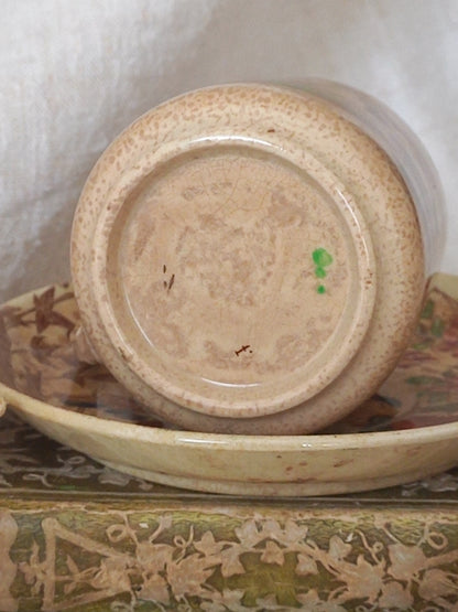 A little antique cup and saucer with oriental influenced design depicting ducks, butterflies, flowers and bamboo shoots, placed on an antique books display.