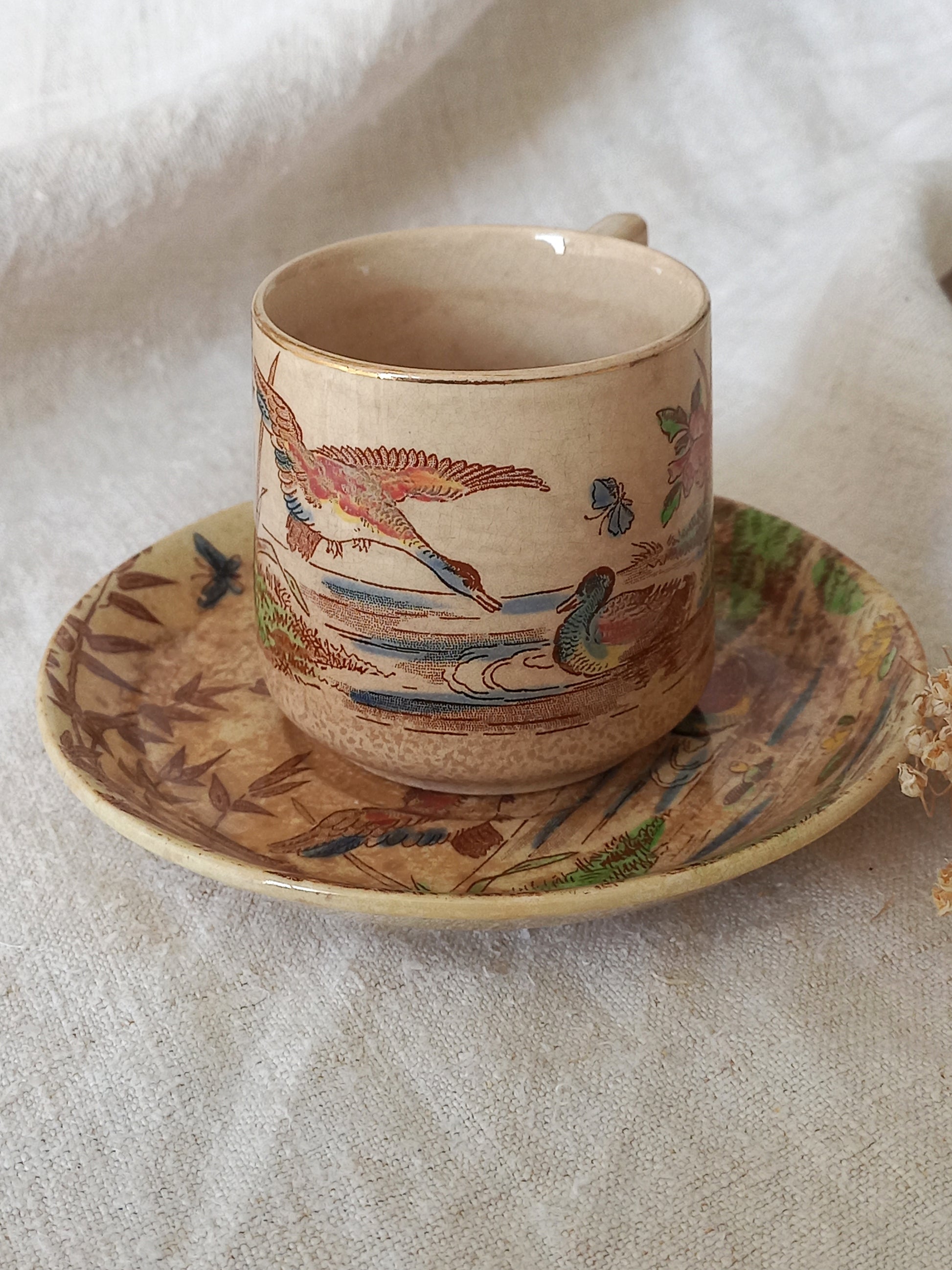 Ceramic cup and saucer with nature-themed design on a white fabric background