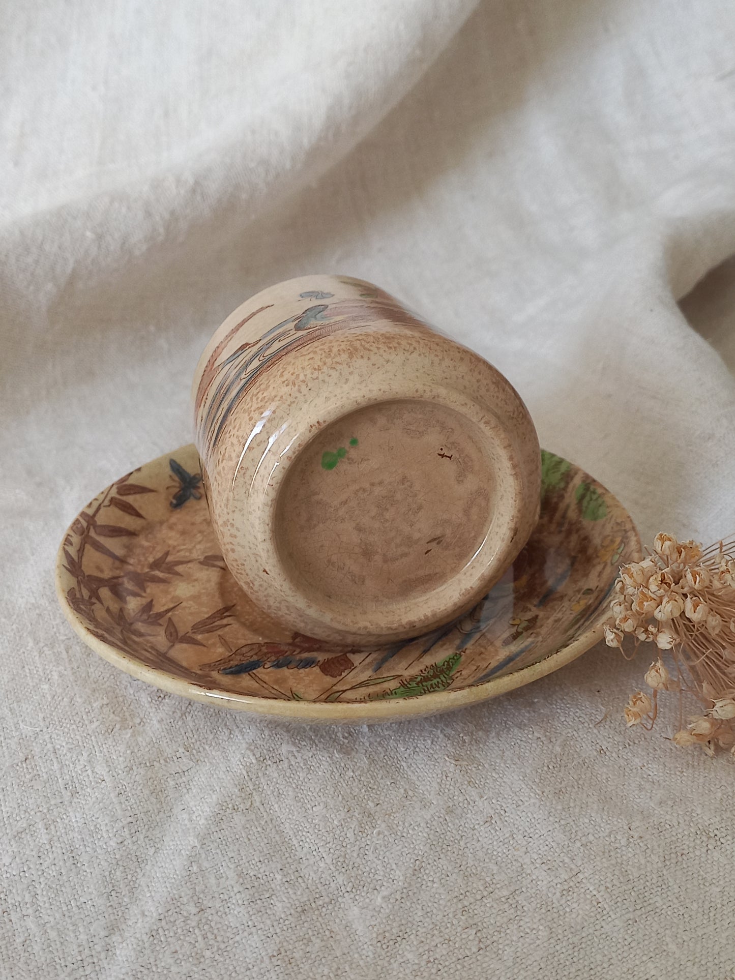 A little antique cup and saucer with oriental influenced design depicting ducks, butterflies, flowers and bamboo shoots.