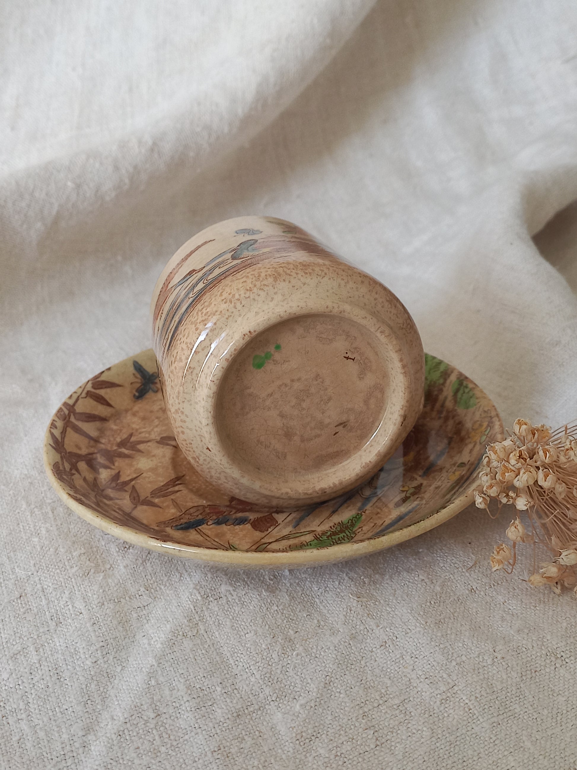 A little antique cup and saucer with oriental influenced design depicting ducks, butterflies, flowers and bamboo shoots.