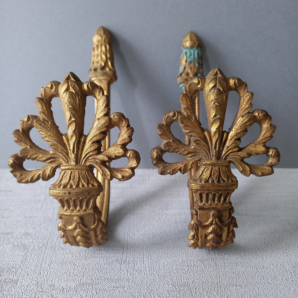 French antique decorative curtain hold backs or tie backs made from brass, bronze